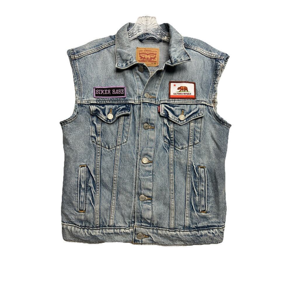 Levi’s Womens Medium Frayed Denim Vest Biker Patches Skull